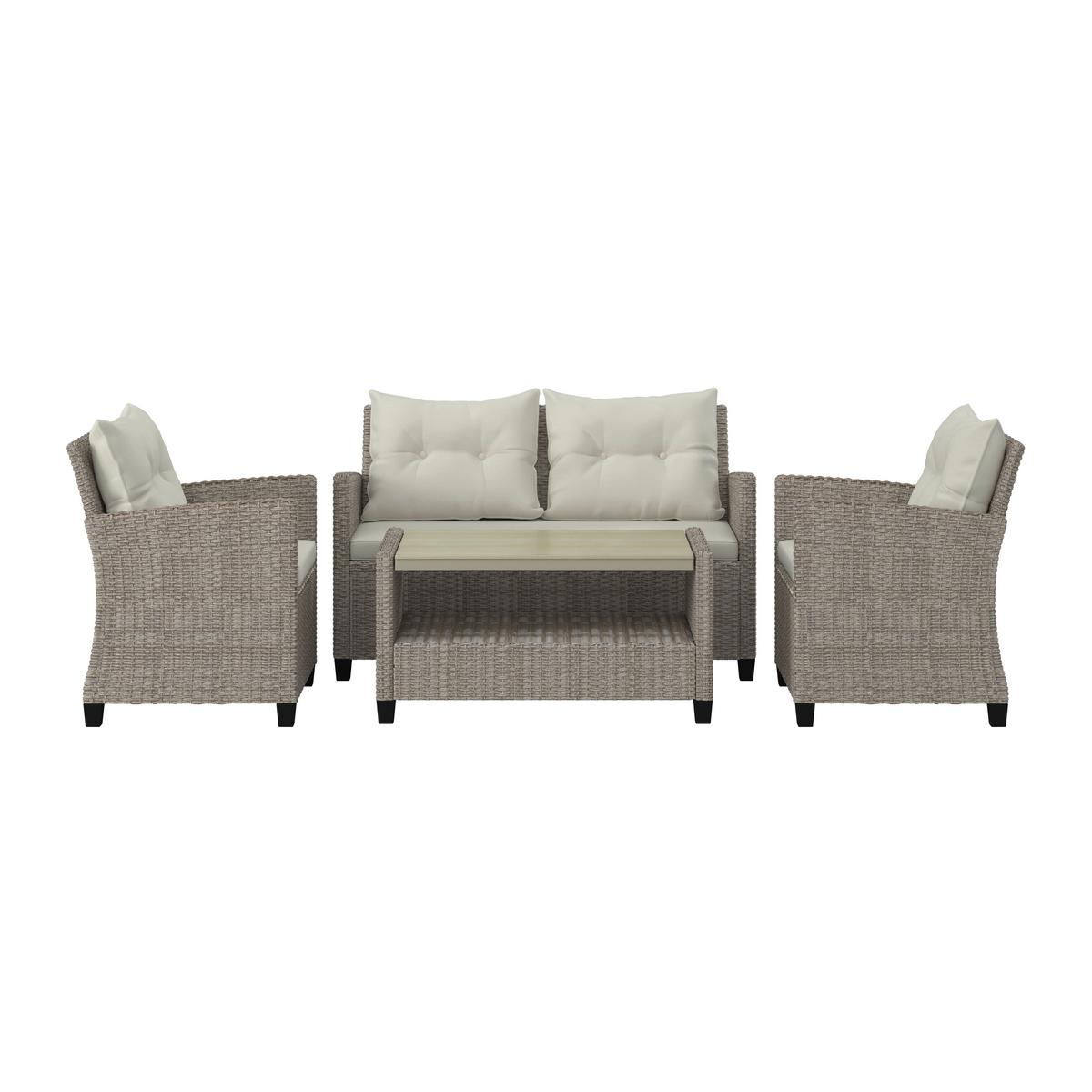 Loungegarnitur 4-Tlg. Kos Holz /Kunststoff/Metall mit Kissen - Beige/Creme, MODERN, Holzwerkstoff/Kunststoff - Luca Bessoni