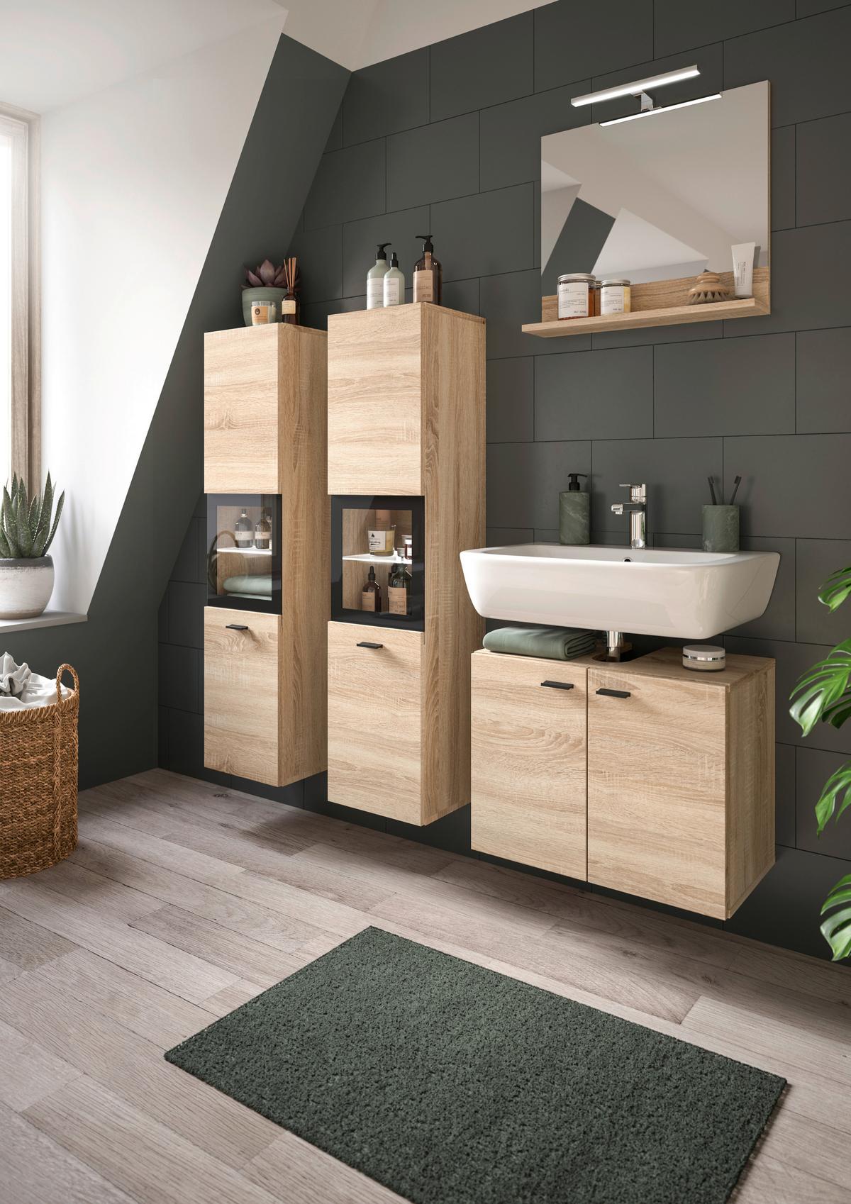 Midischrank Boston Sonoma Eiche Dekor B: 30 cm - Schwarz/Sonoma Eiche, MODERN, Glas/Holzwerkstoff (30/125/29cm) - MID.YOU