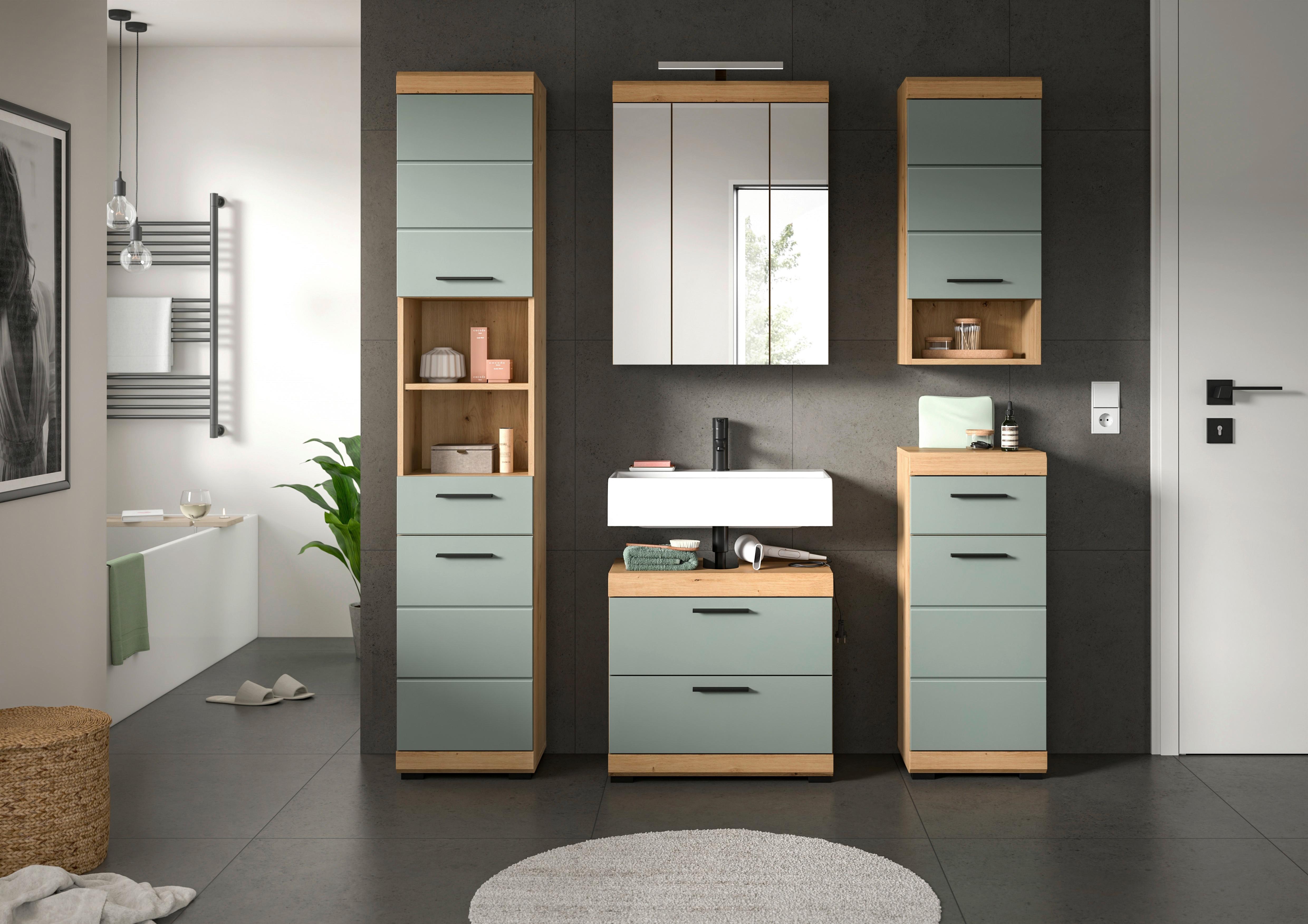 Kúpeľňa Scout, 5-dielna, dub, šedo-zelená, čierna - čierna/dub artisan, Modern, kompozitné drevo/plast (164cm) - MID.YOU