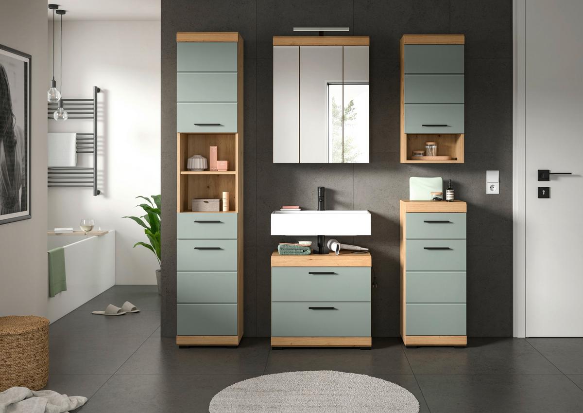 Kúpeľňa Scout, 5-dielna, dub, šedo-zelená, čierna - čierna/dub artisan, Modern, kompozitné drevo/plast (164cm) - MID.YOU