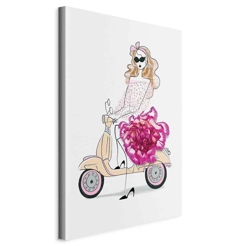 Leinwandbild Girl on a Scooter Beige Magenta B: 40 cm - Beige/Magenta, Basics, Holzwerkstoff/Textil (40/60/1,2cm) - artgeist