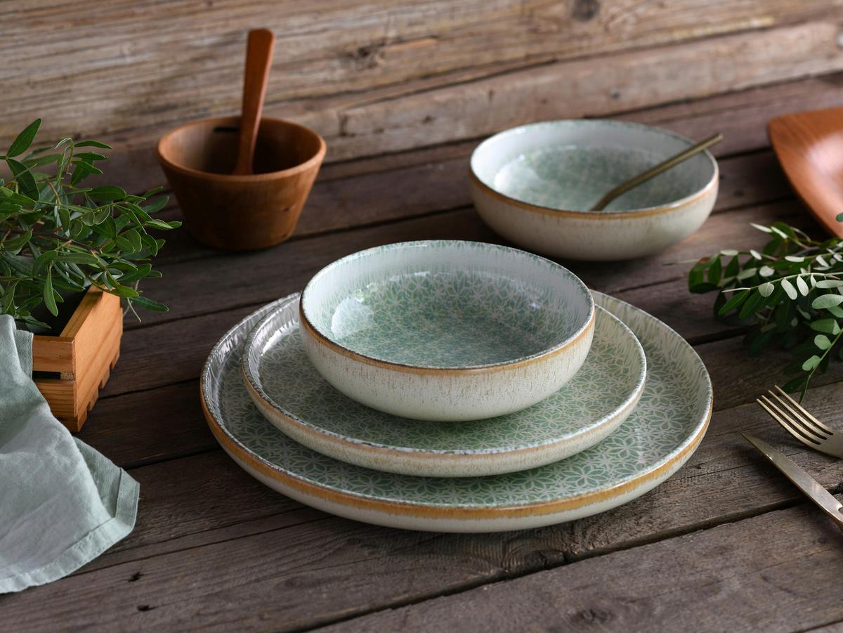 Tafelservice Uno Emiliana 12--Teilig., Creme, Grün - Creme/Grün, Basics, Keramik - Creatable