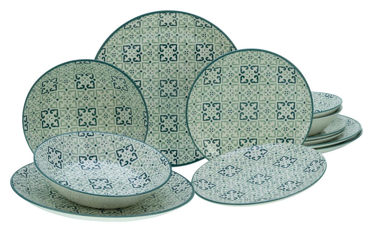 Tafelservice Yara Petrol Grün, Weiß, Hellgrün L: 31 cm - Weiß/Hellgrün, Basics, Keramik - Creatable