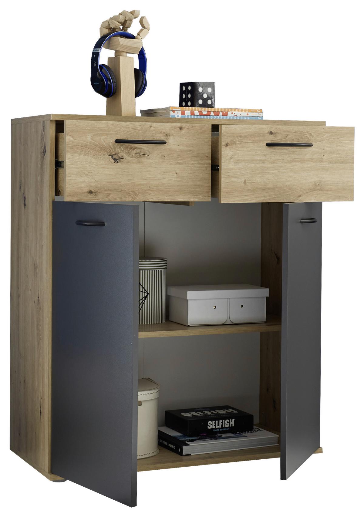 Kommode 80cm Liam Eiche Artisan Dekor - Schwarz/Graphitfarben, KONVENTIONELL, Holzwerkstoff (80/95/38cm)