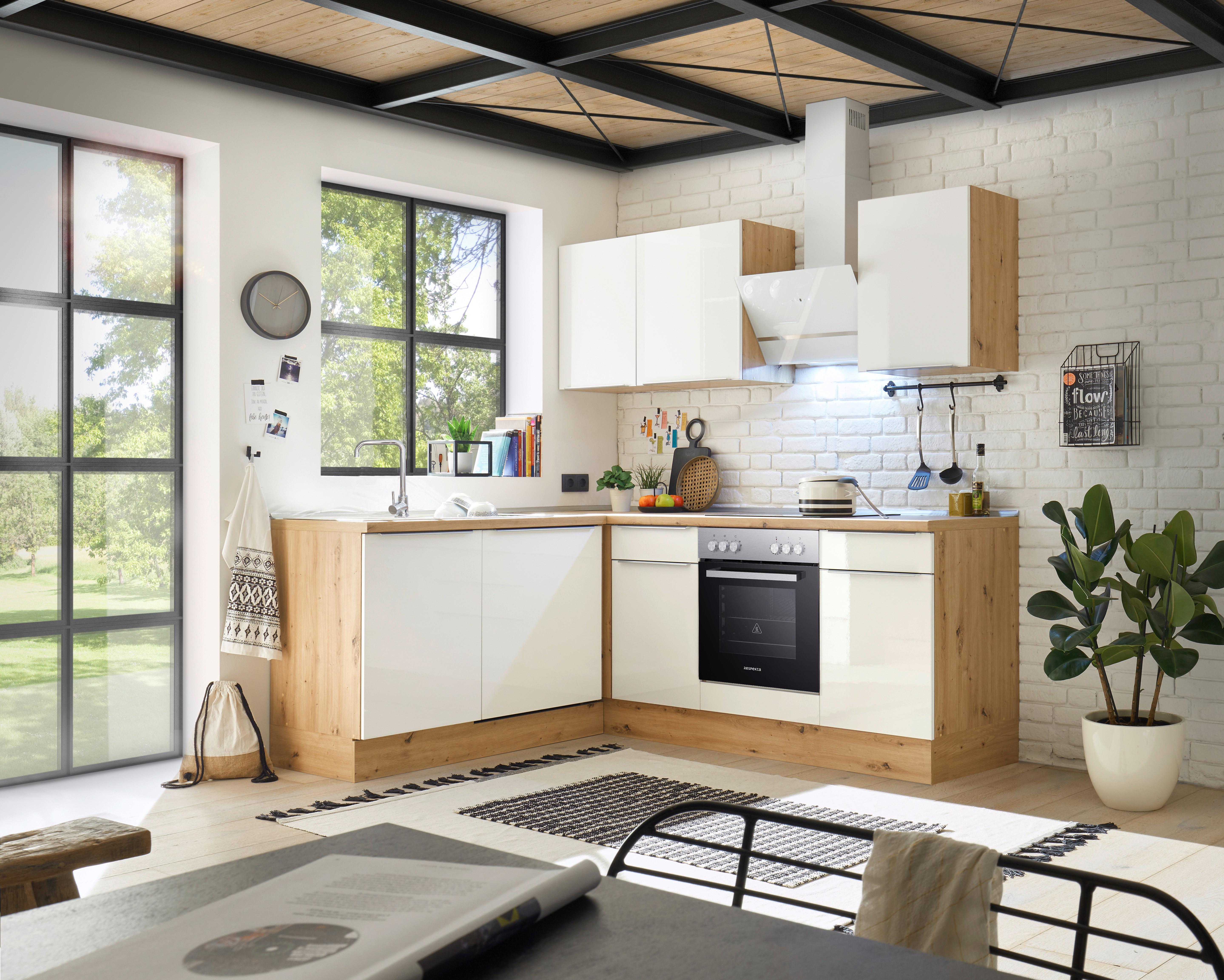 Eckküche mit Geräten 220x170 cm Weiß/Eiche Dekor, Modern