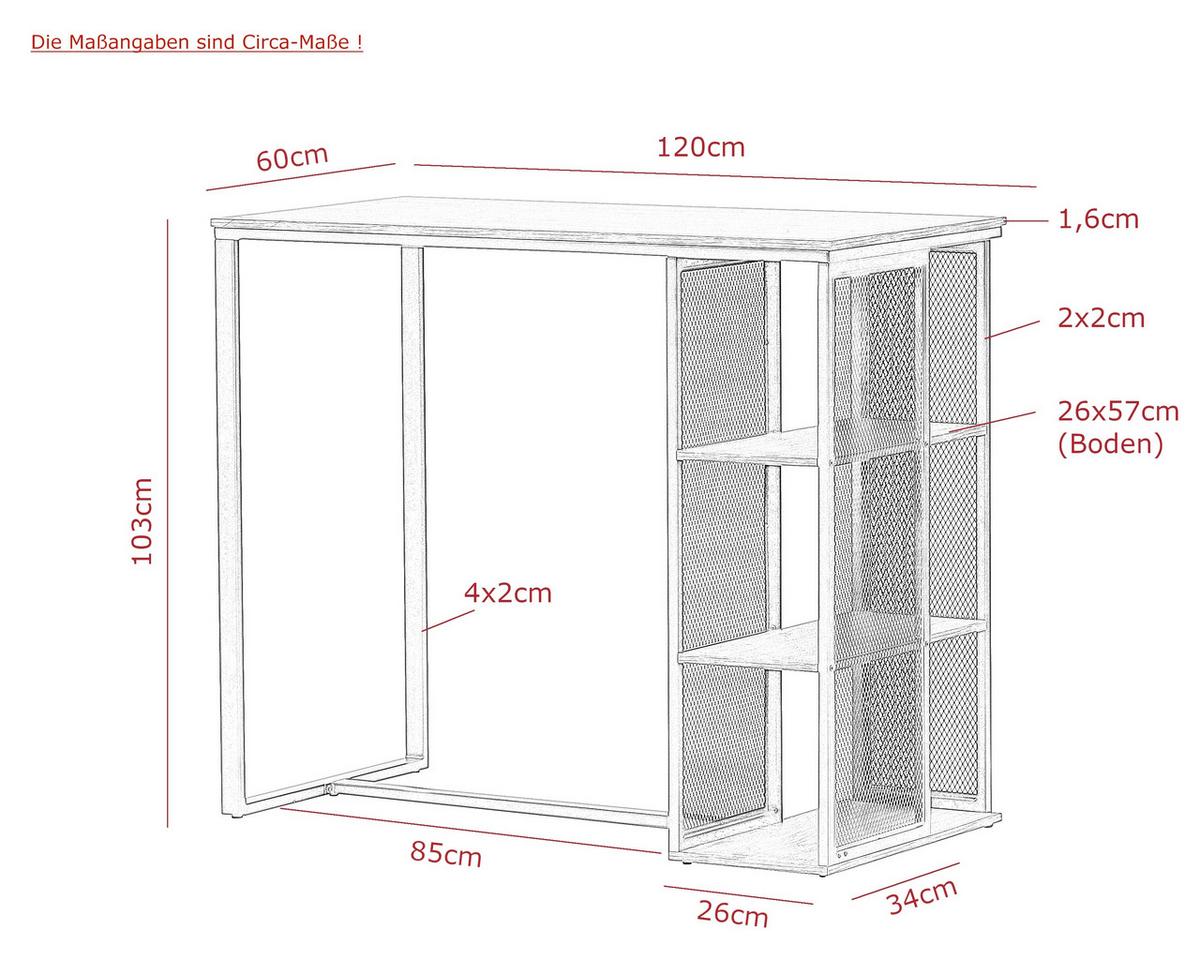 BARTISCH KLARA BT - Schwarz/Grau, MODERN, Holzwerkstoff/Metall (120/102,5/60cm) - P & B