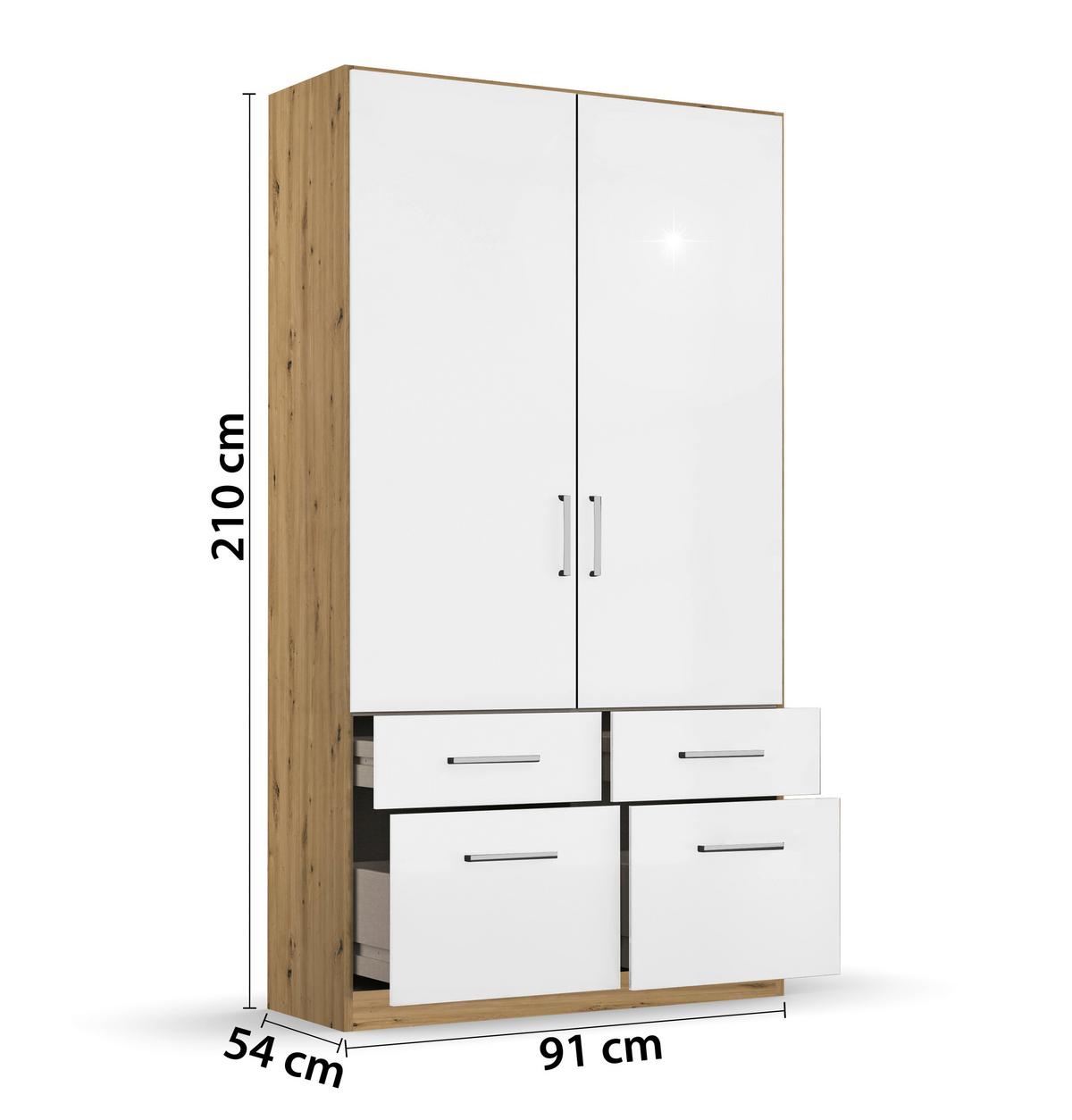 Drehtürenschrank 91 Cm Berlin Eiche Dekor/weiß - Weiß Hochglanz/Eiche Artisan, MODERN, Holzwerkstoff (91/197/54cm) - Rauch Möbel