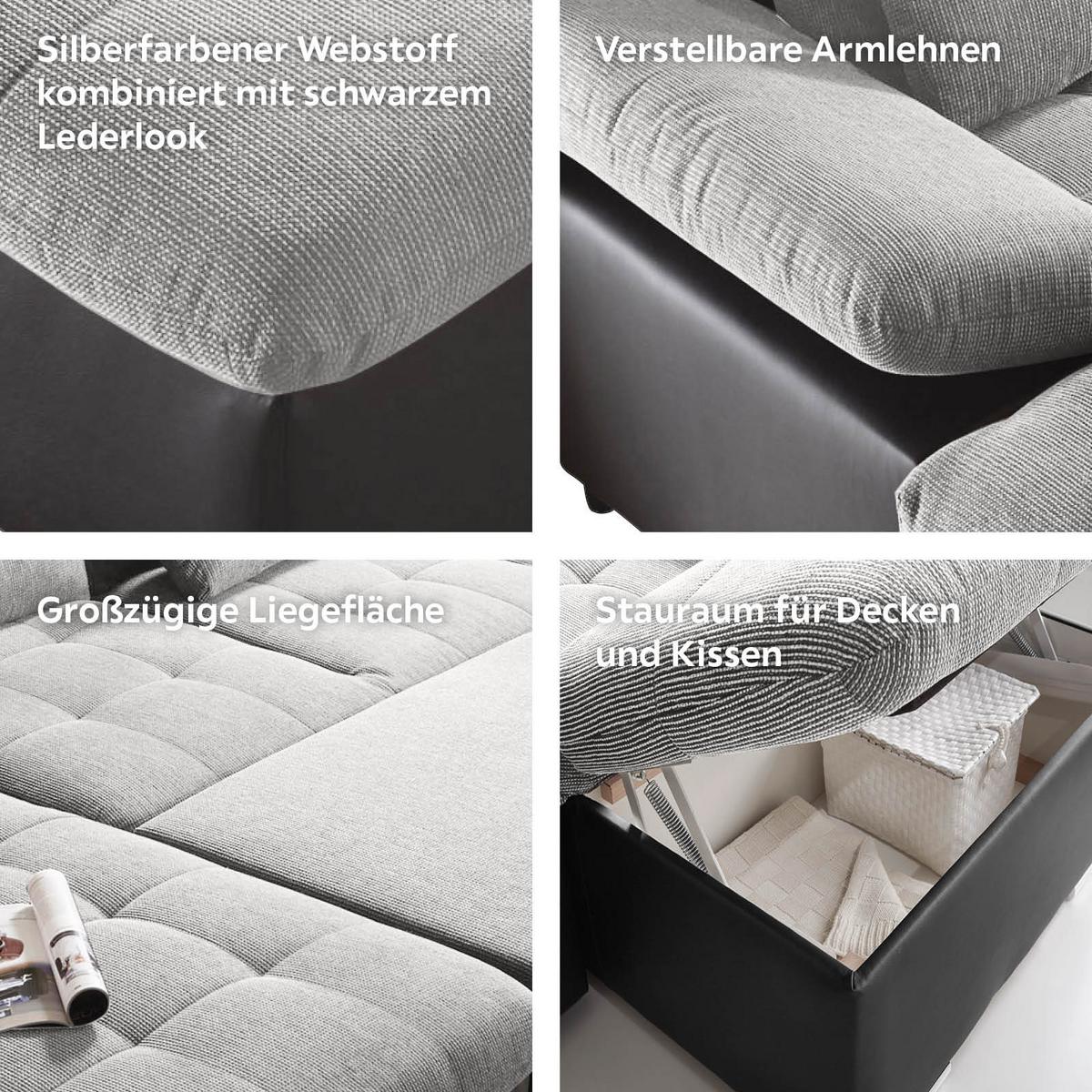 Wohnlandschaft Mit Schlaffunktion Jakarta - Silberfarben/Schwarz, MODERN, Holzwerkstoff/Textil (170/324/218cm) - MID.YOU