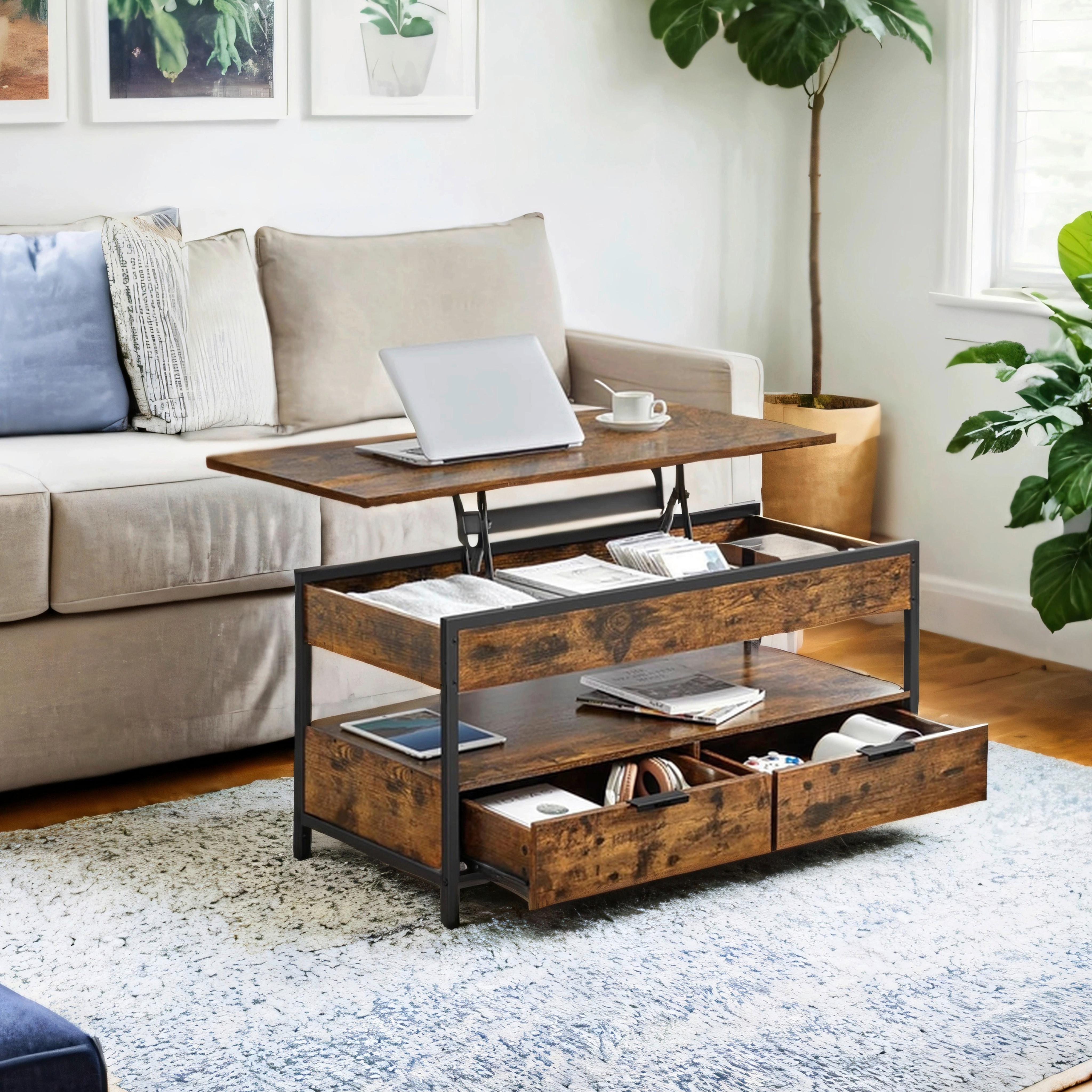 Couchtisch Schwarz, Dunkelbraun B: 100 cm - Dunkelbraun/Schwarz, Trend, Holzwerkstoff/Metall (100/48-62/50cm) - MID.YOU