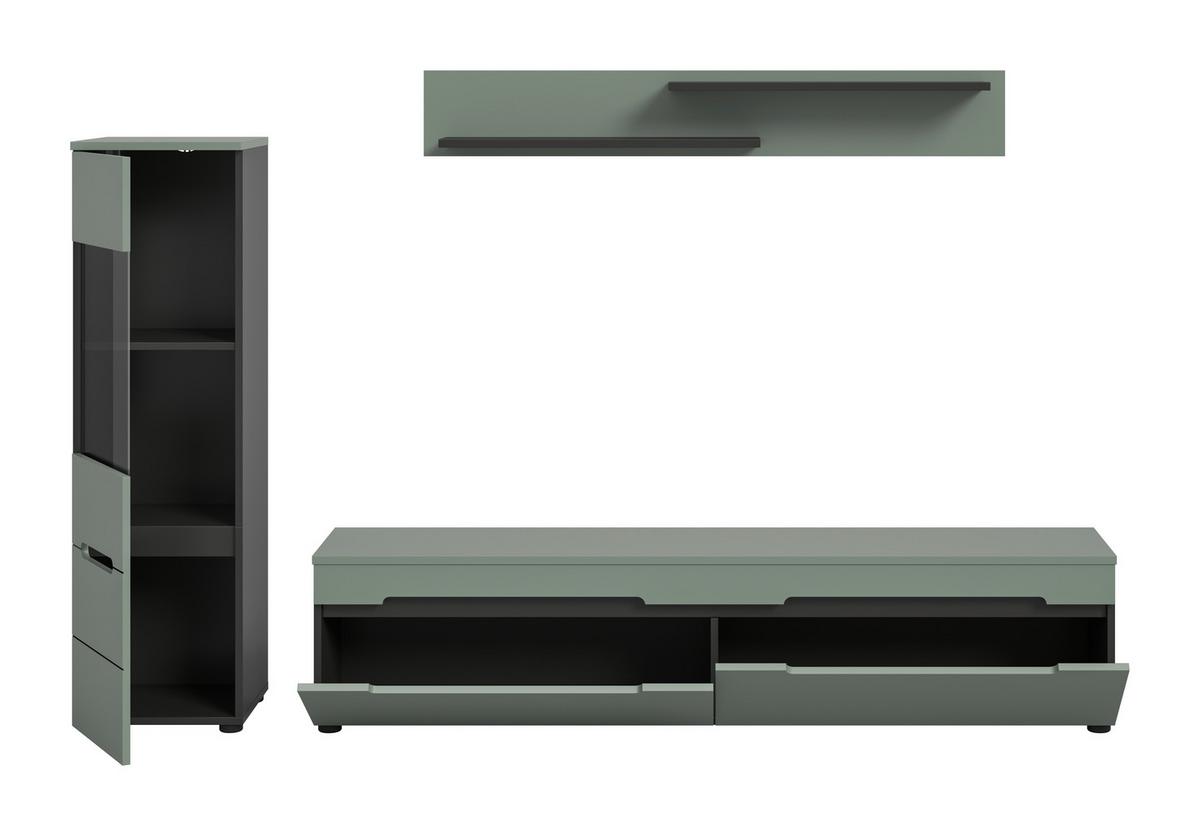 WOHNWAND Canu Graugrün B: 221cm - Schwarz/Grasgrün, Design, Holzwerkstoff (221/141/33cm) - Livetastic