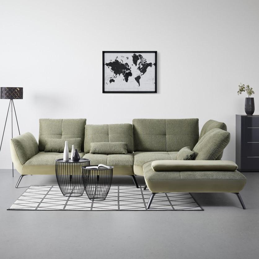TRENDY, pravá, olivovozelená, s 3 bedrovými vankúšmi - olivovozelená/čierna, Modern, kov/kompozitné drevo (310/250cm) - Premium Living