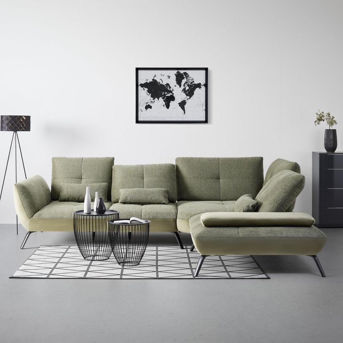 TRENDY, pravá, olivově zelená, s 3 bederními polštáři - černá/olivově zelená, Moderní, kov/kompozitní dřevo (310/93/250cm) - Premium Living