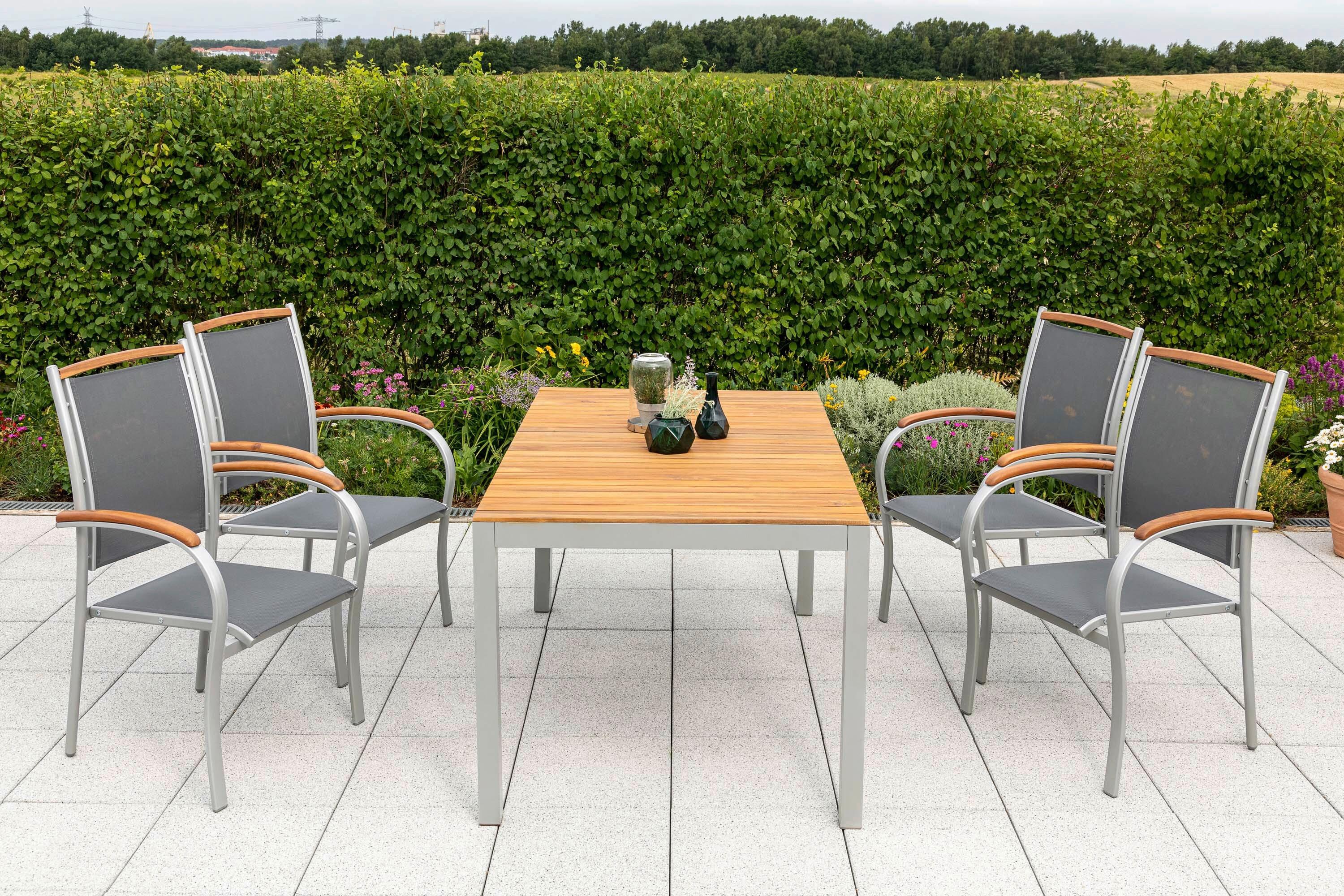 Gartentischgruppe Siena 5-tlg. Aus Akazie, In Grau - Silberfarben/Naturfarben, KONVENTIONELL, Holz/Textil - Gardenson