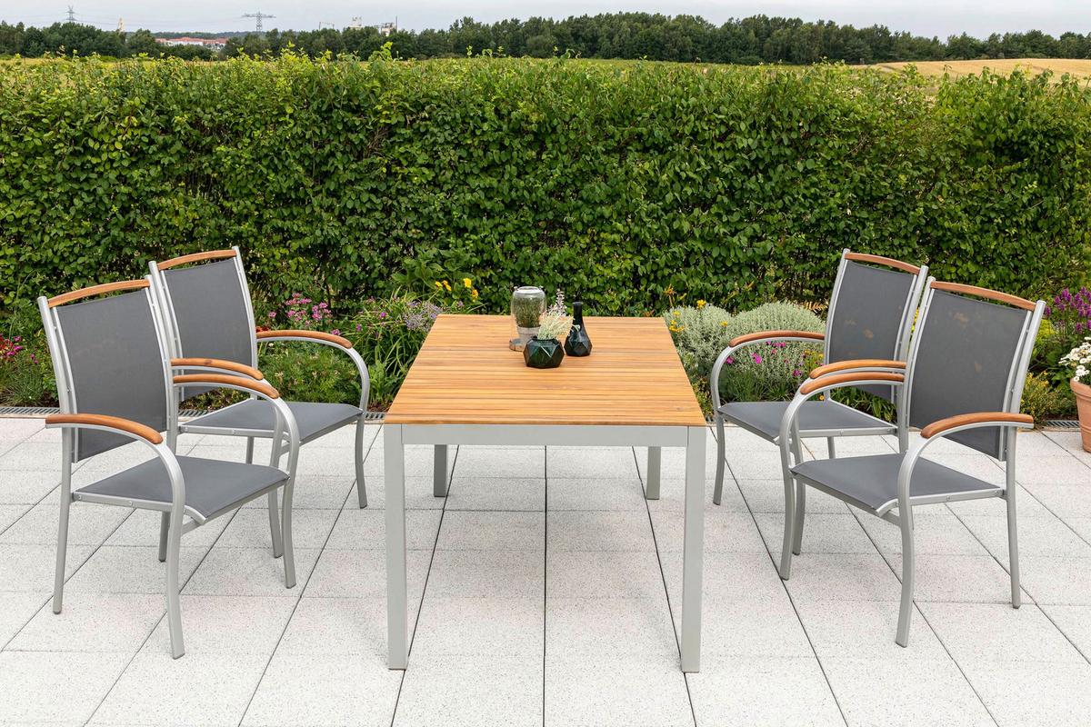 Gartentischgruppe Siena 5-Tlg. Aus Akazie, In Grau - Silberfarben/Naturfarben, KONVENTIONELL, Holz/Textil - Gardenson