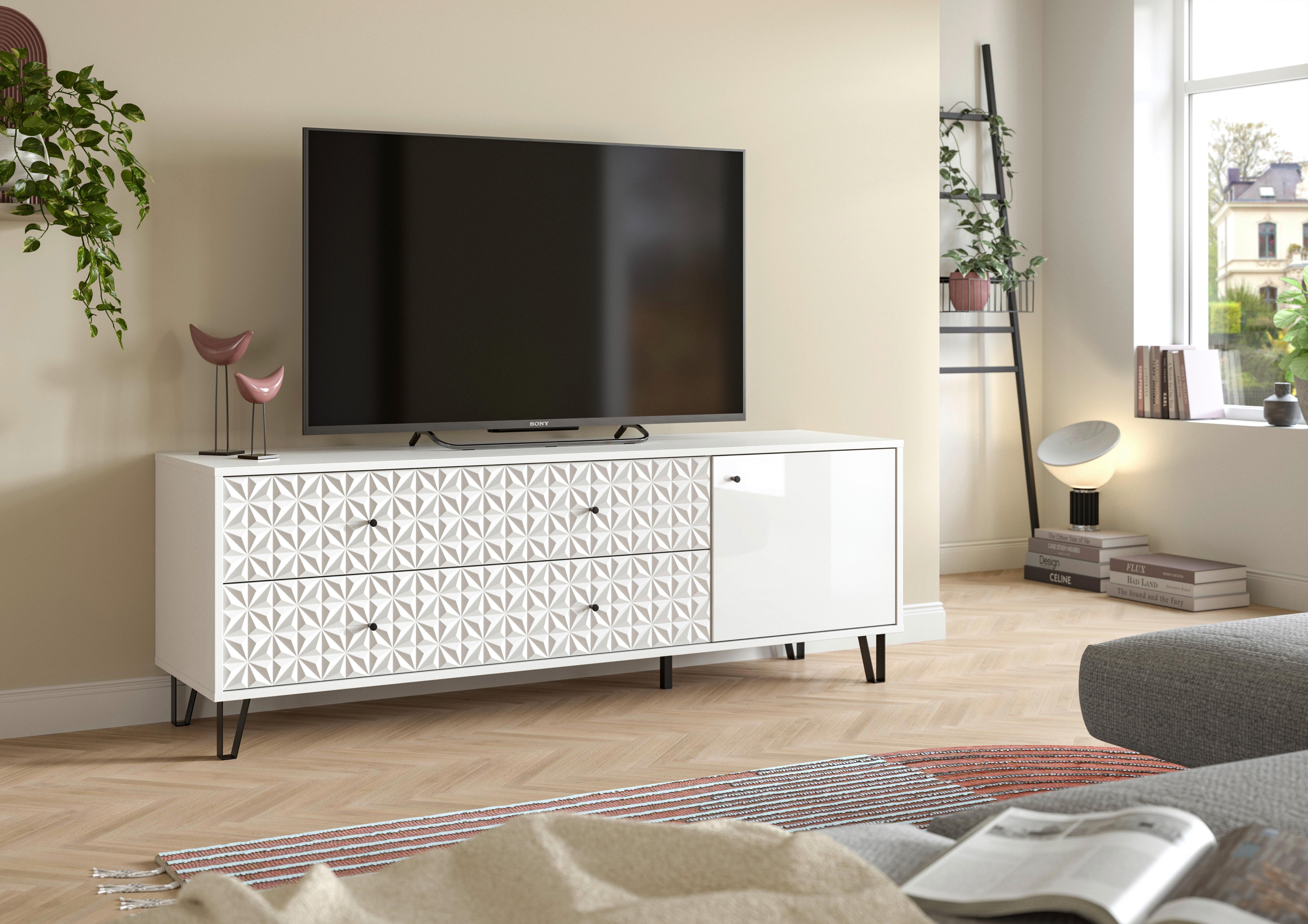 Lowboard Prisma Weiß Hochglanz B: 164 Cm - Weiß Hochglanz/Schwarz, Design, Holzwerkstoff (164/56/40cm) - Livetastic