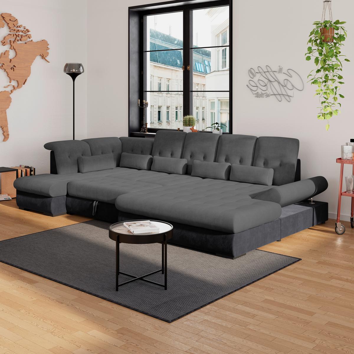 Wohnlandschaft Madera Anthrazit B: 212 Cm - Anthrazit/Schwarz, KONVENTIONELL, Kunststoff/Textil (212/358/190cm)