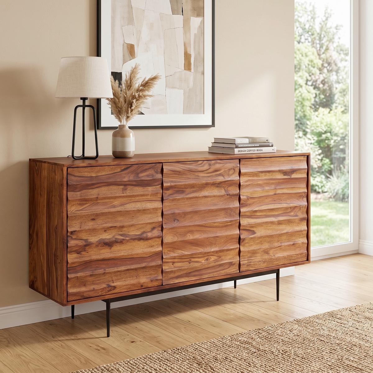 Sideboard 150 cm Sheesham, Sheeshamfarben - Sheeshamfarben/Schwarz, Design, Holz (150/81/41cm) - MID.YOU
