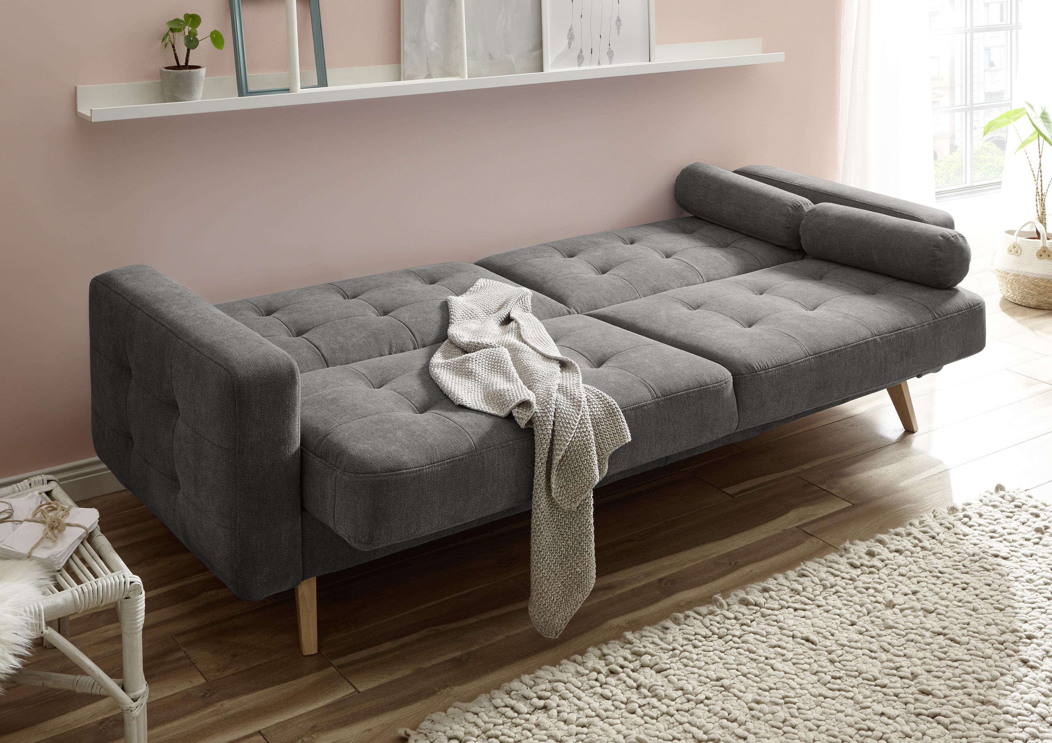 Schlafsofa Mit Bettkasten Und Kissen Fjord, Webstoff - Schlammfarben/Eichefarben, MODERN, Holzwerkstoff/Textil (222/86/90cm) - MID.YOU
