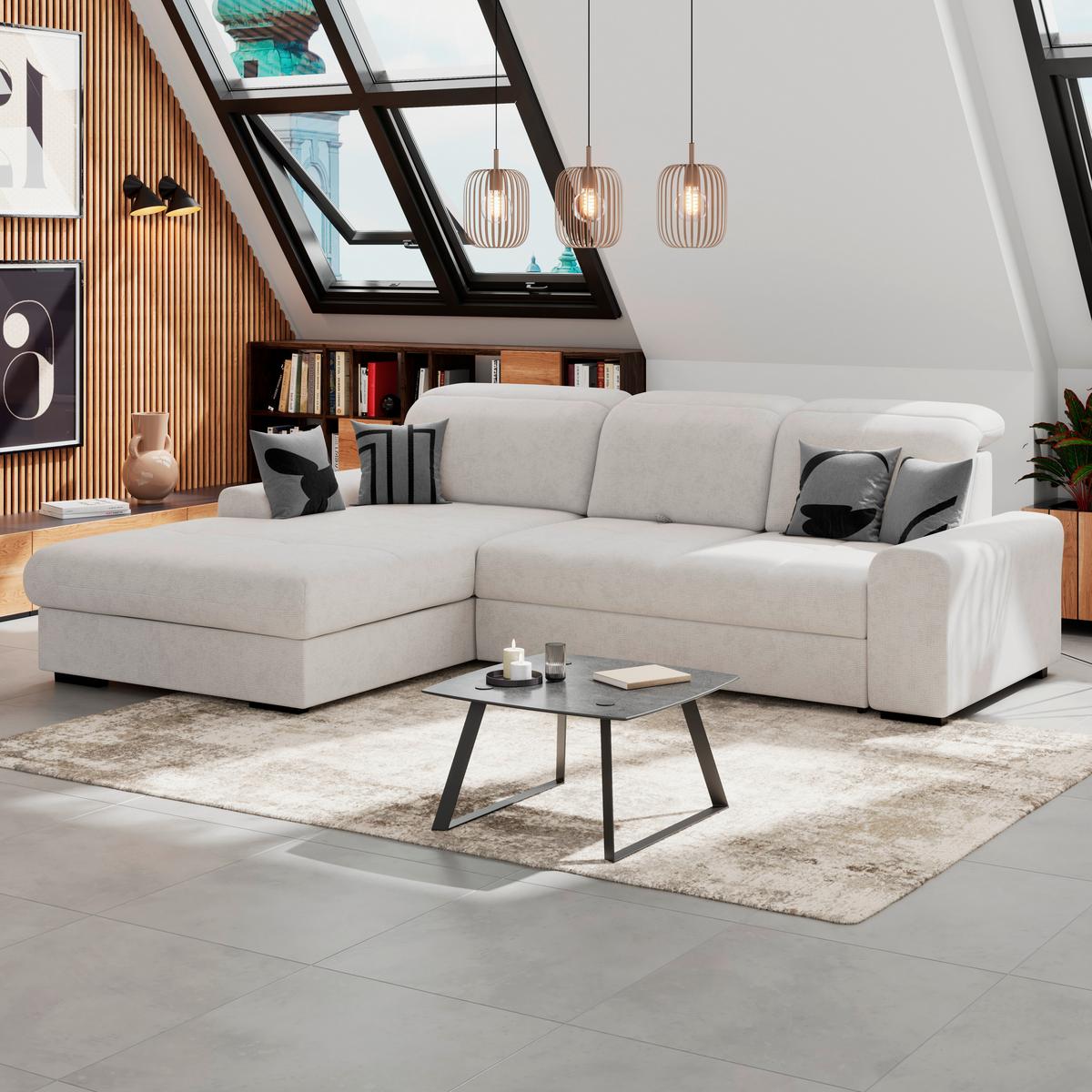 Ecksofa mit Bettfunktion Malaga new Chenille weiß - Schwarz/Weiß, KONVENTIONELL, Textil (203/286cm) - Ondega