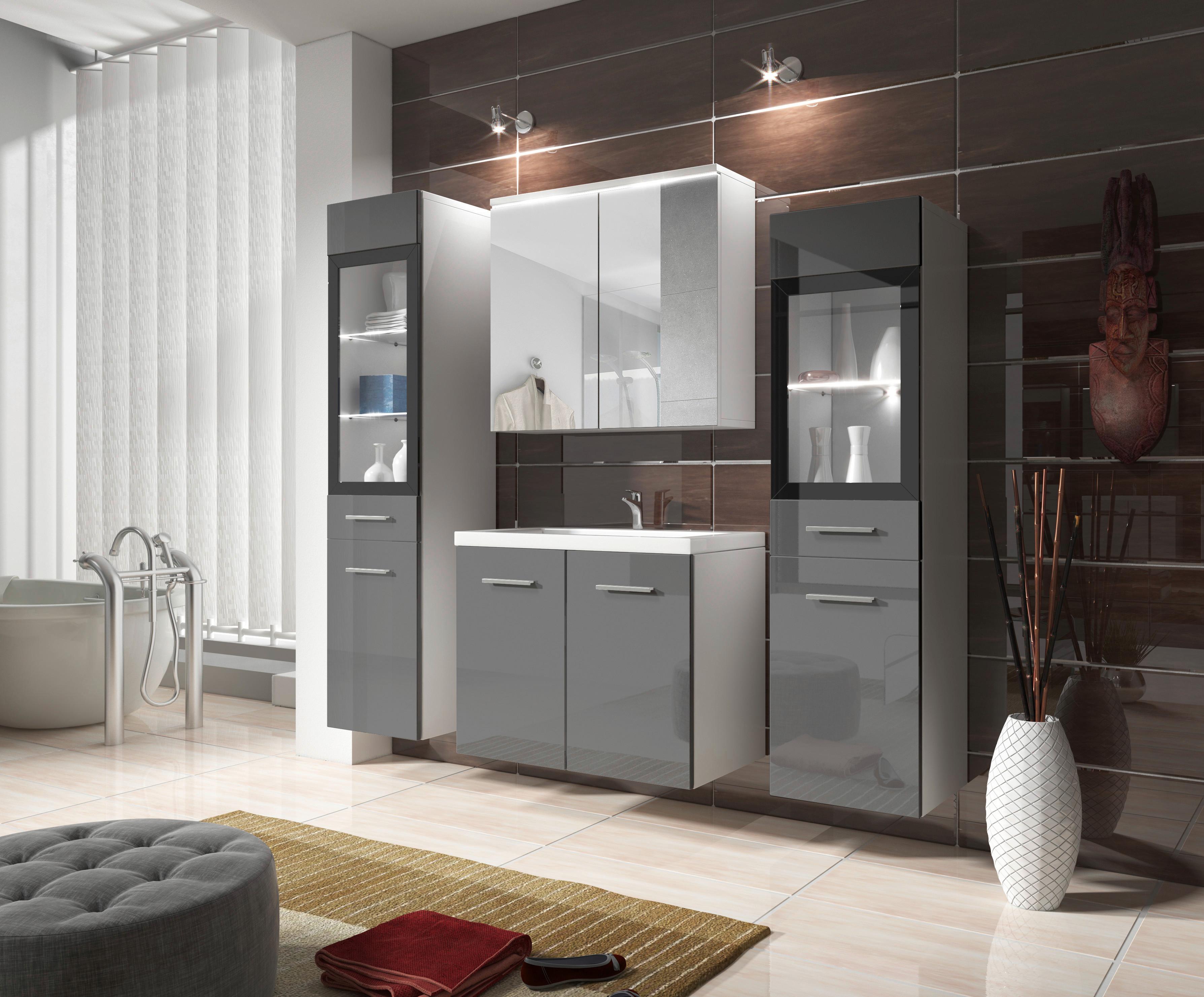 Badmöbel-Set 5-Tlg. inkl. LED Madrit Weiß/Grau Hochglanz - Weiß/Grau, Basics, Glas/Holzwerkstoff (120cm) - P & B
